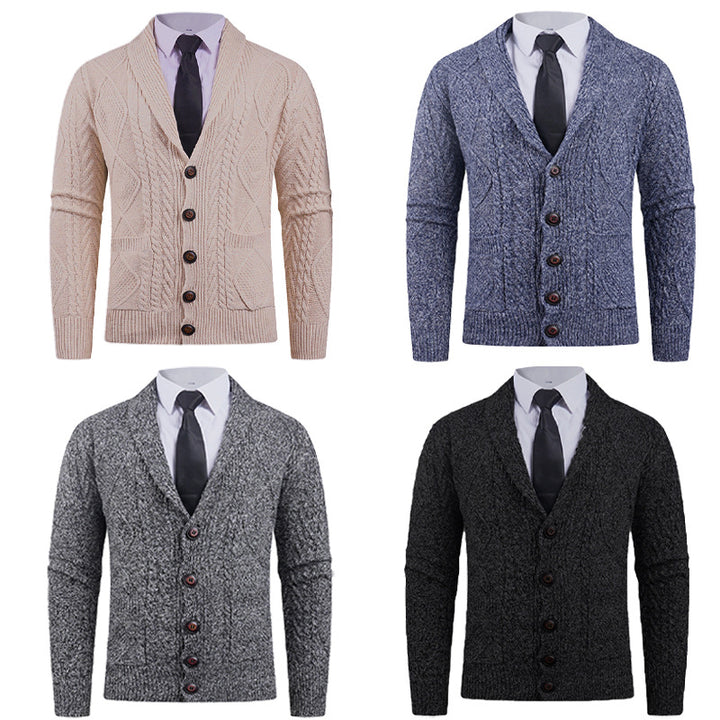 Men's knitted cardigan with shawl collar, cable pattern, patch pockets, and button placket Mune Fashion