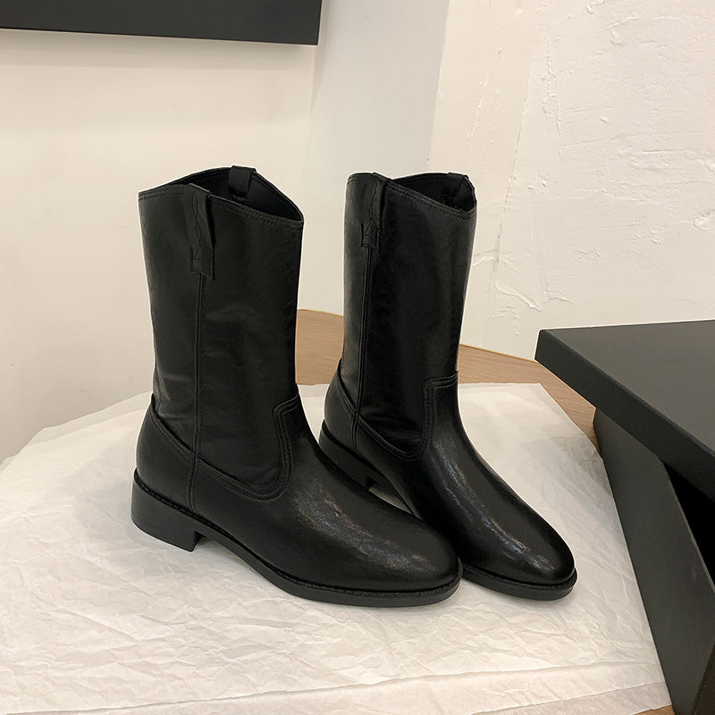 Women's Mid-Calf Western Boots made of Smooth Leather with Low Block Heel Mune Fashion