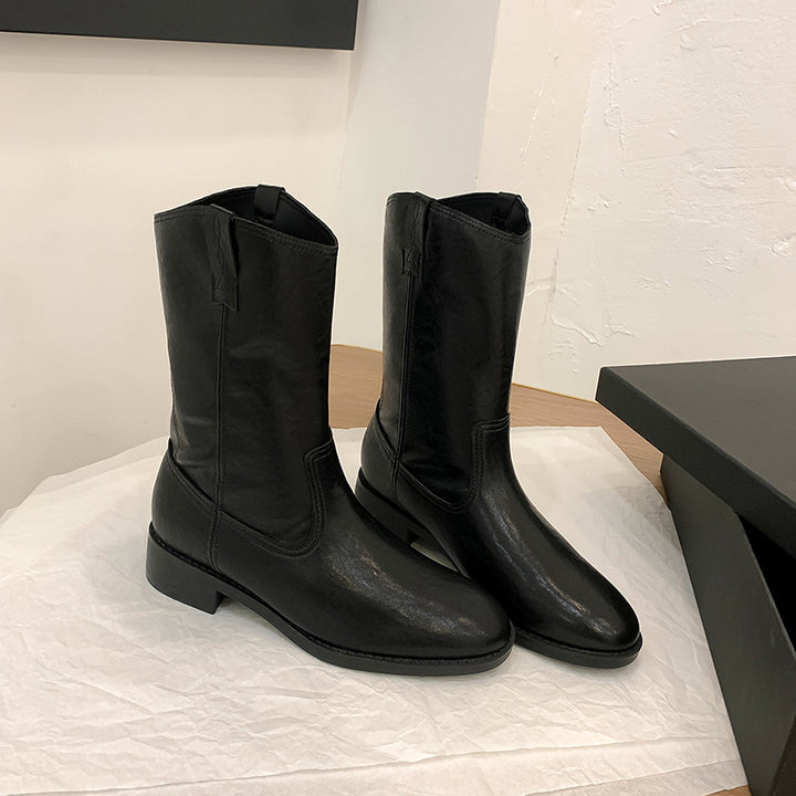 Women's Mid-Calf Western Boots made of Smooth Leather with Low Block Heel Mune Fashion