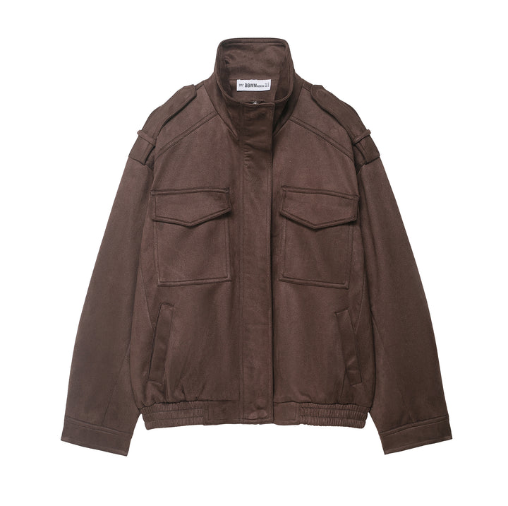 Women's field bomber jacket in suede look with high collar, flap pockets and epaulettes Mune Fashion