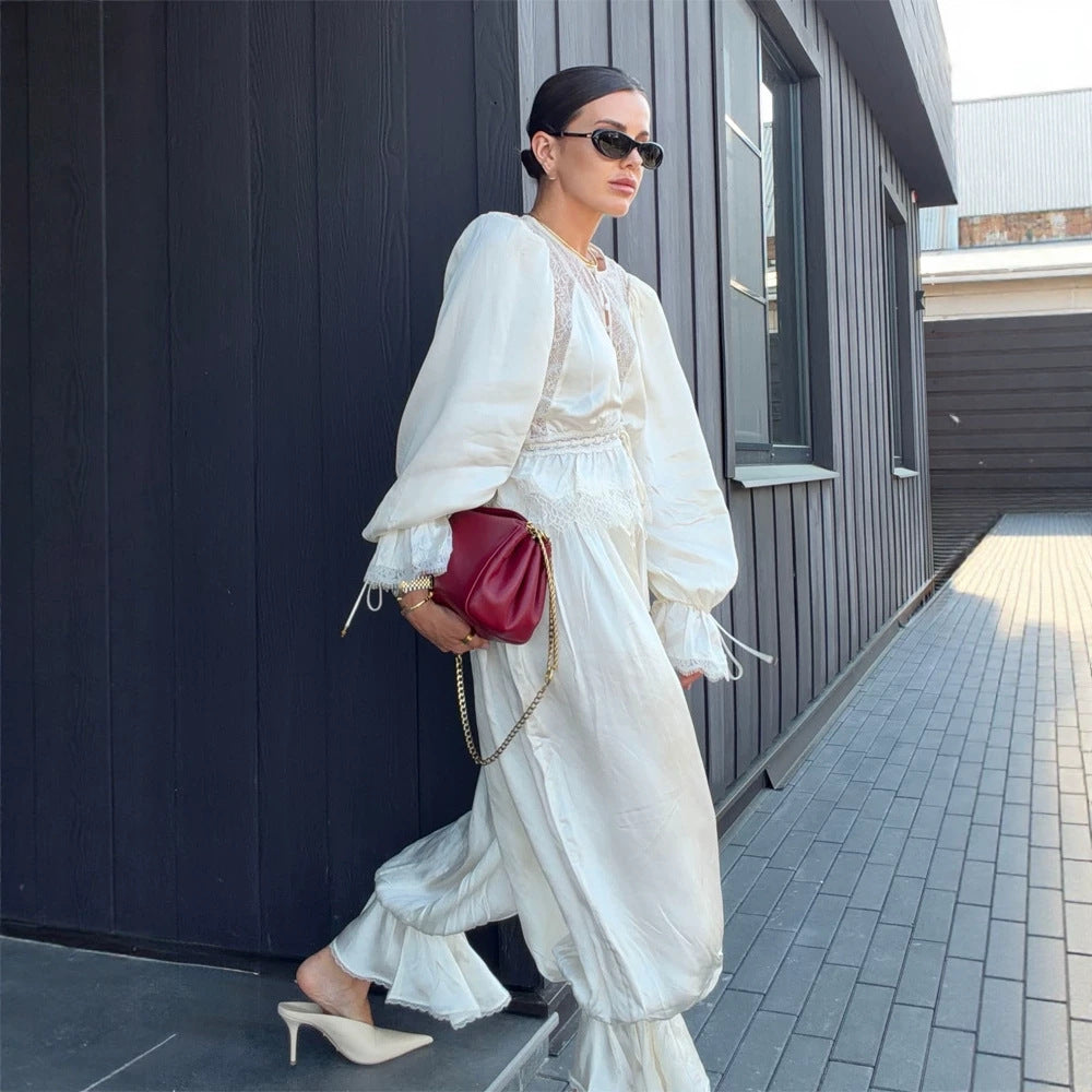 Women's One-Piece Satin Jumpsuit with Lace Yoke, Puff Sleeves and Voluminous Harem Pants Mune Fashion