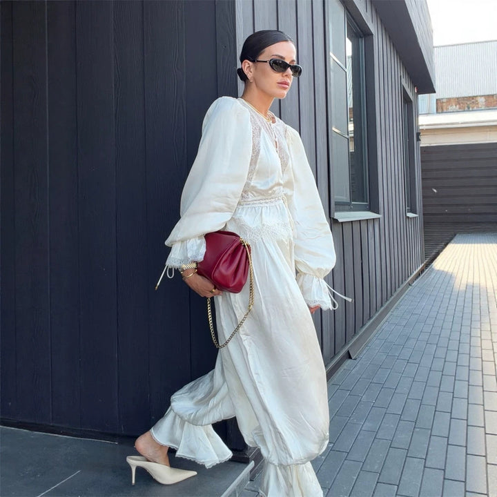 Women's One-Piece Satin Jumpsuit with Lace Yoke, Puff Sleeves and Voluminous Harem Pants Mune Fashion