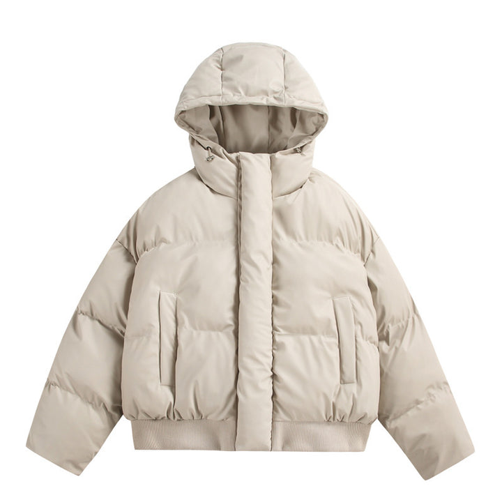 Women's Cropped Insulating Puffer Jacket in Boxy Cut with Voluminous Hood, Stand Collar and Ribbed Cuff Mune Fashion