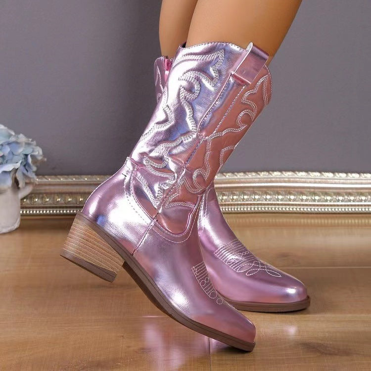 Women nan cowboy boots with mid-high block heel and side zipper Mune Fashion
