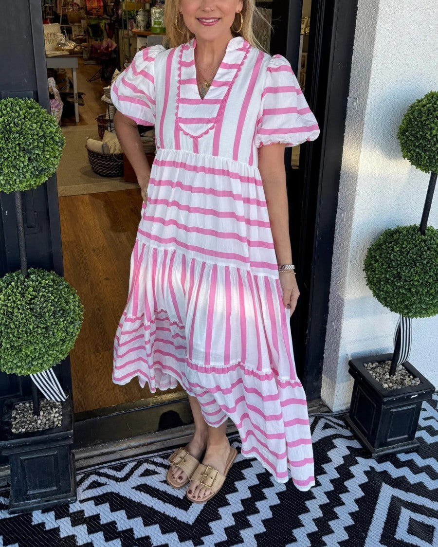 Women Striped Maxi Dress with Tiered Skirt, Ruffle Trim and Puff Sleeves Mune Fashion