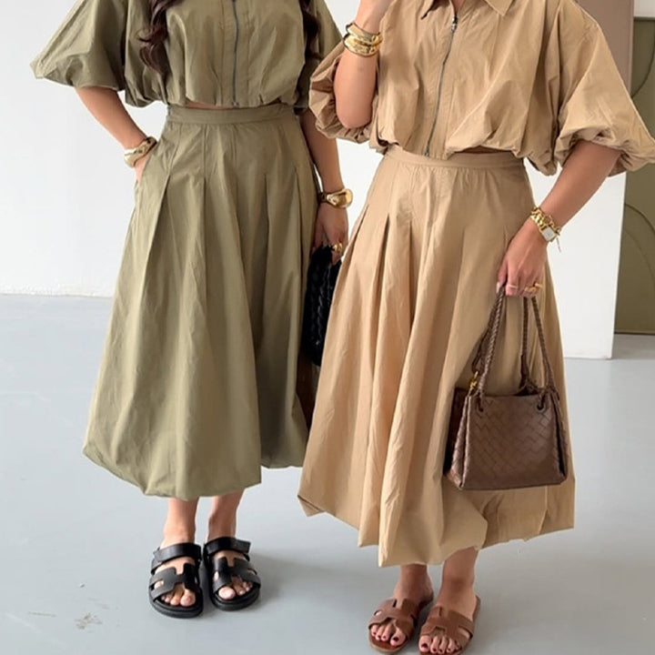 Women Tailored A-Line Midi Skirt with Pleats & High Waist Mune Fashion