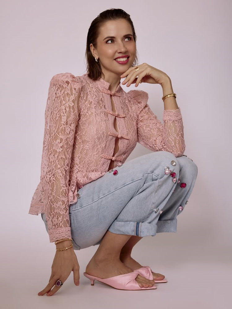 Women Romantic Lace Blouse in Victorian Style with Stand-up Collar, Knot Closures and Puff Sleeves Mune Fashion