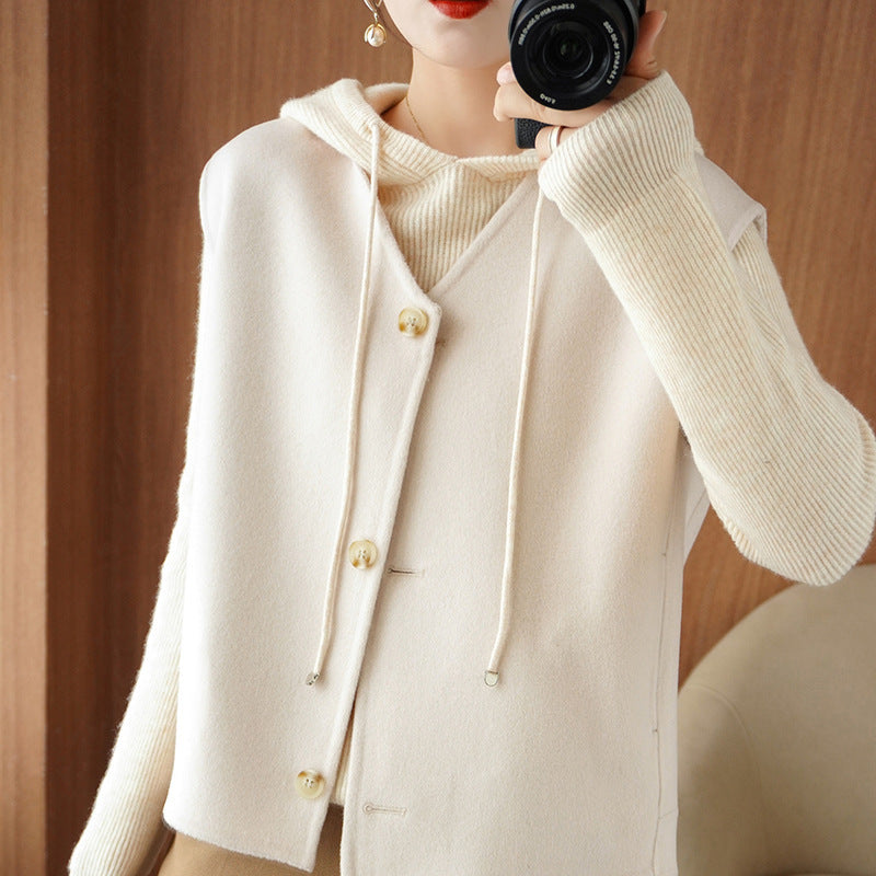 Women’s Layering Knit Jacket with Hood and Sleeveless Wool Blend Vest Mune Fashion