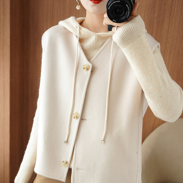 Women’s Layering Knit Jacket with Hood and Sleeveless Wool Blend Vest Mune Fashion