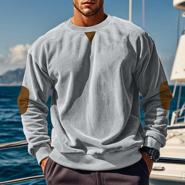Men's ribbed knit sweater with round neckline elbow patches and decorative triangle Mune Fashion