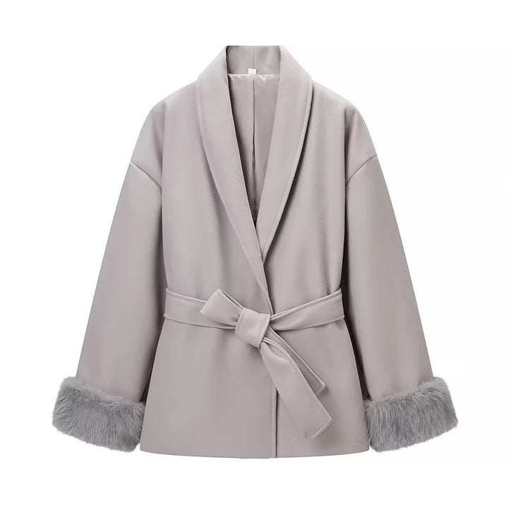Women's tailored short coat with tie belt, shawl collar, and faux fur cuffs Mune Fashion