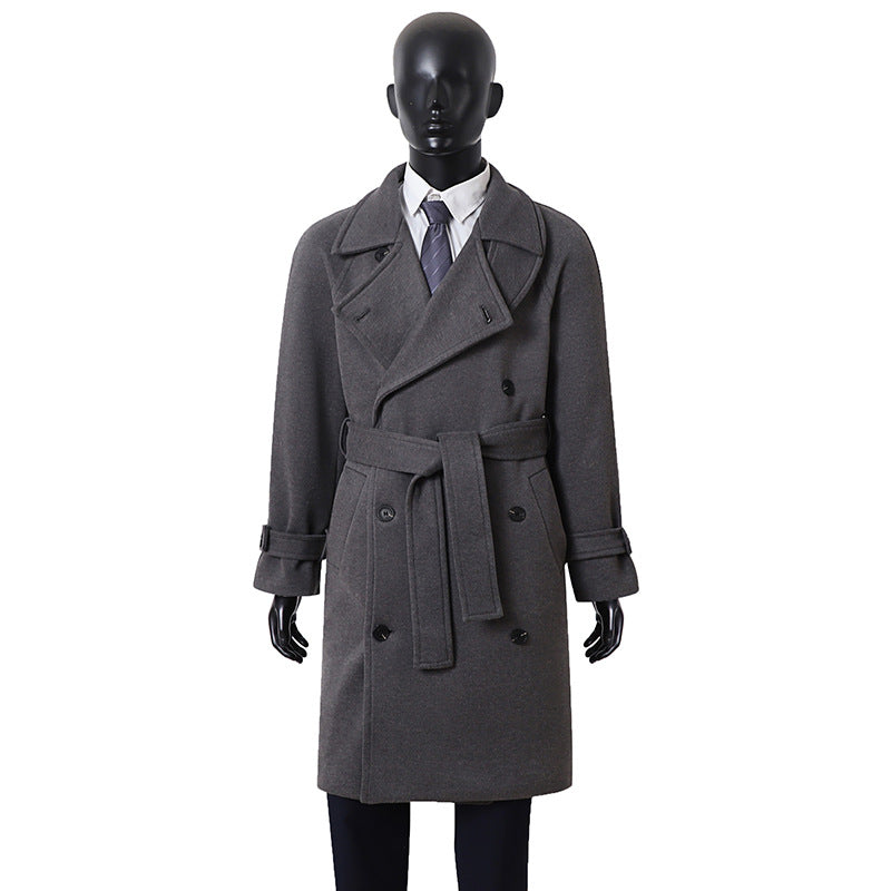 Men's Elegant Coat in Longcoat Style made of Wool Blend with Double-Breasted, Fitted Tie Belt and Decorative Shoulder Yoke Mune Fashion