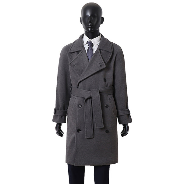 Men's Elegant Coat in Longcoat Style made of Wool Blend with Double-Breasted, Fitted Tie Belt and Decorative Shoulder Yoke Mune Fashion