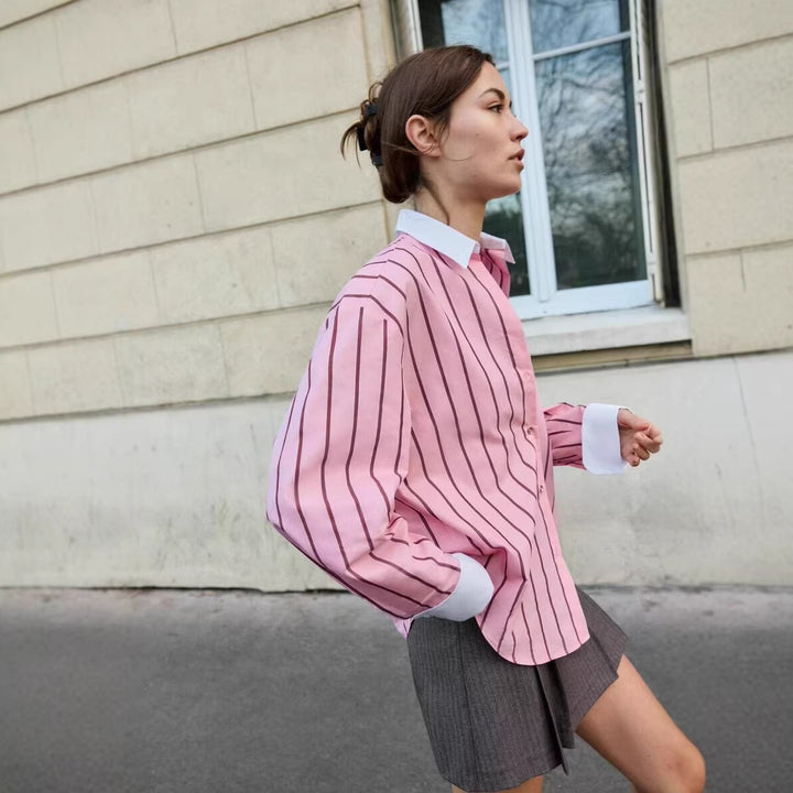 Women Striped Oversized Blouse with Contrast Collar and Cuffs Mune Fashion