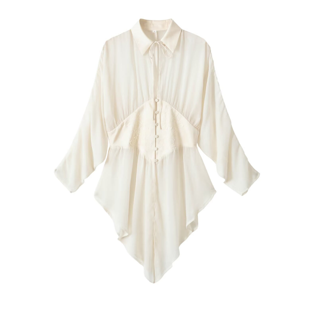 Women's flowing tunic blouse with gathered waist and pointed hem Mune Fashion