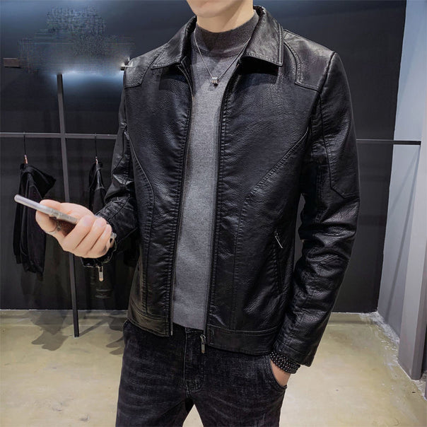 Men's Minimalistic Leather Effect Zip Blouson with Ergonomic Seam Lines and Shirt Collar Mune Fashion