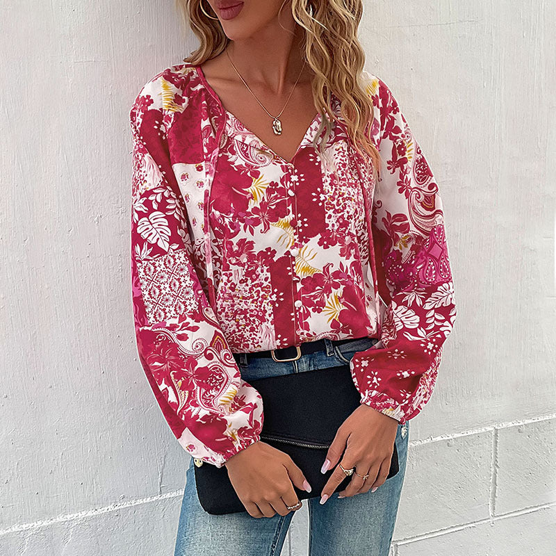 Ladies Patchwork Blouse with V-neck, BindMune Fashion and Balloon Sleeves Mune Fashion