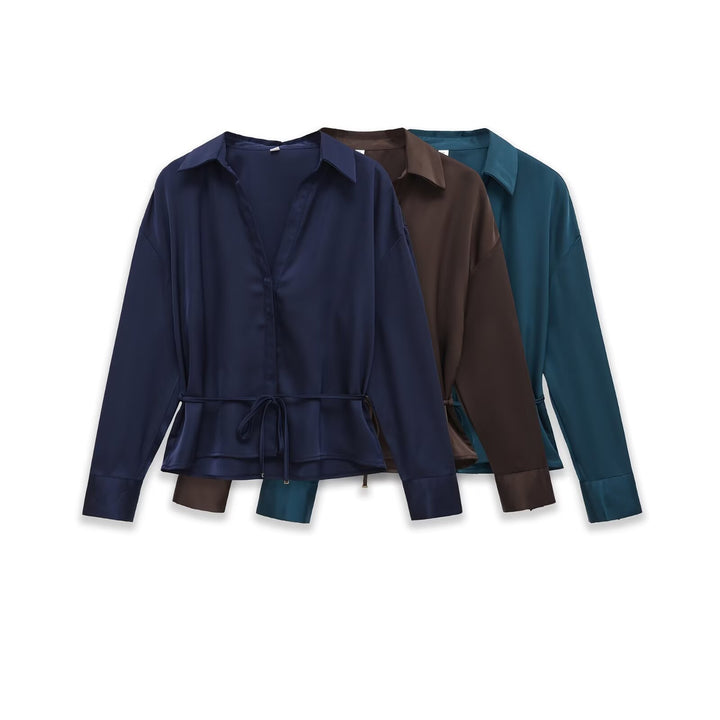 Women's Silk Blouse Shirt with Tie Belt and Peplum Mune Fashion
