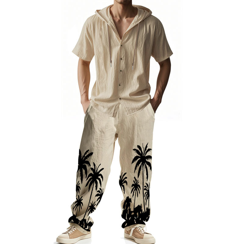 Men's casual summer ensemble with hoodie and wide palm motif pants Mune Fashion