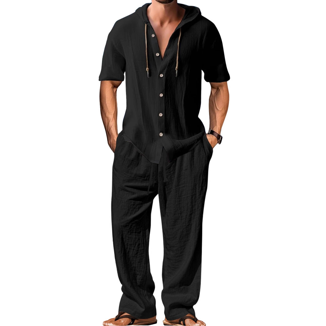 Men's airy linen lounge set with short-sleeved hoodie and straight relaxed pants Mune Fashion