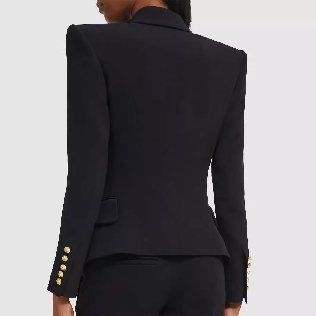 Women Slim-Fit Tuxedo Blazer in Tailoring with Emphasized Shoulder and Gold Decorative Button Placket Mune Fashion