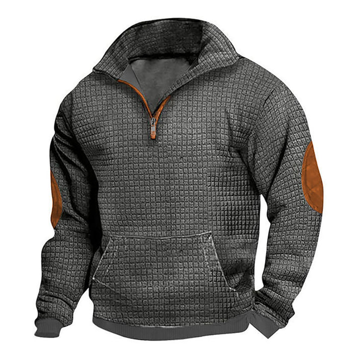 Men's thermo-regulating waffle knit half-zip pullover with kangaroo pocket and faux leather elbow patches Mune Fashion