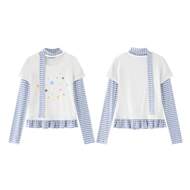 Women's Layered Long Sleeve Shirt with Striped Sleeves, Star Print, Ruffled Hem and Scarf Detail