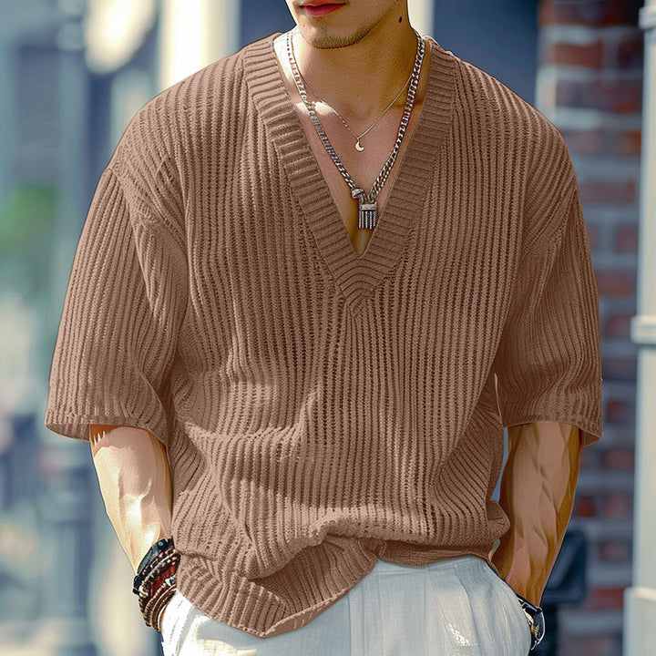 Women's oversized V-neck knit top with textured ribbed look and half-length sleeves Mune Fashion