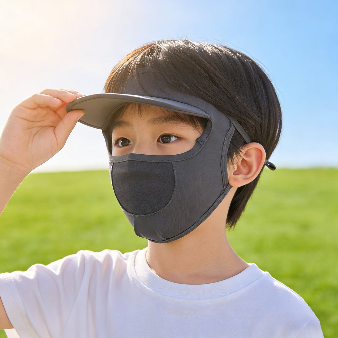 Women's sun protection visor with integrated breathable face mask and adjustable neck draw Mune Fashion