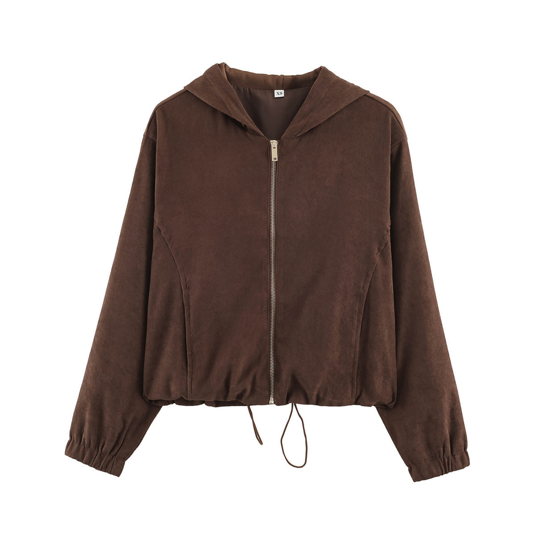 Women's short jacket in velour look with hood, full-length zipper and drawstring hem Mune Fashion