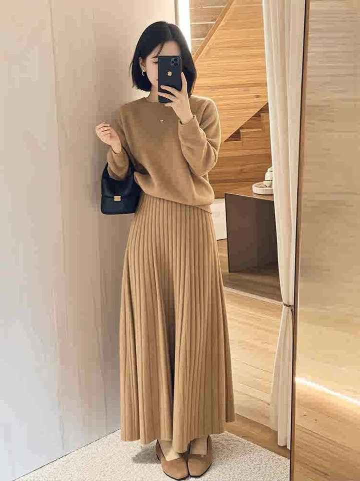 Women Oversize Knit Sweater and Pleated Maxi Skirt Set Mune Fashion