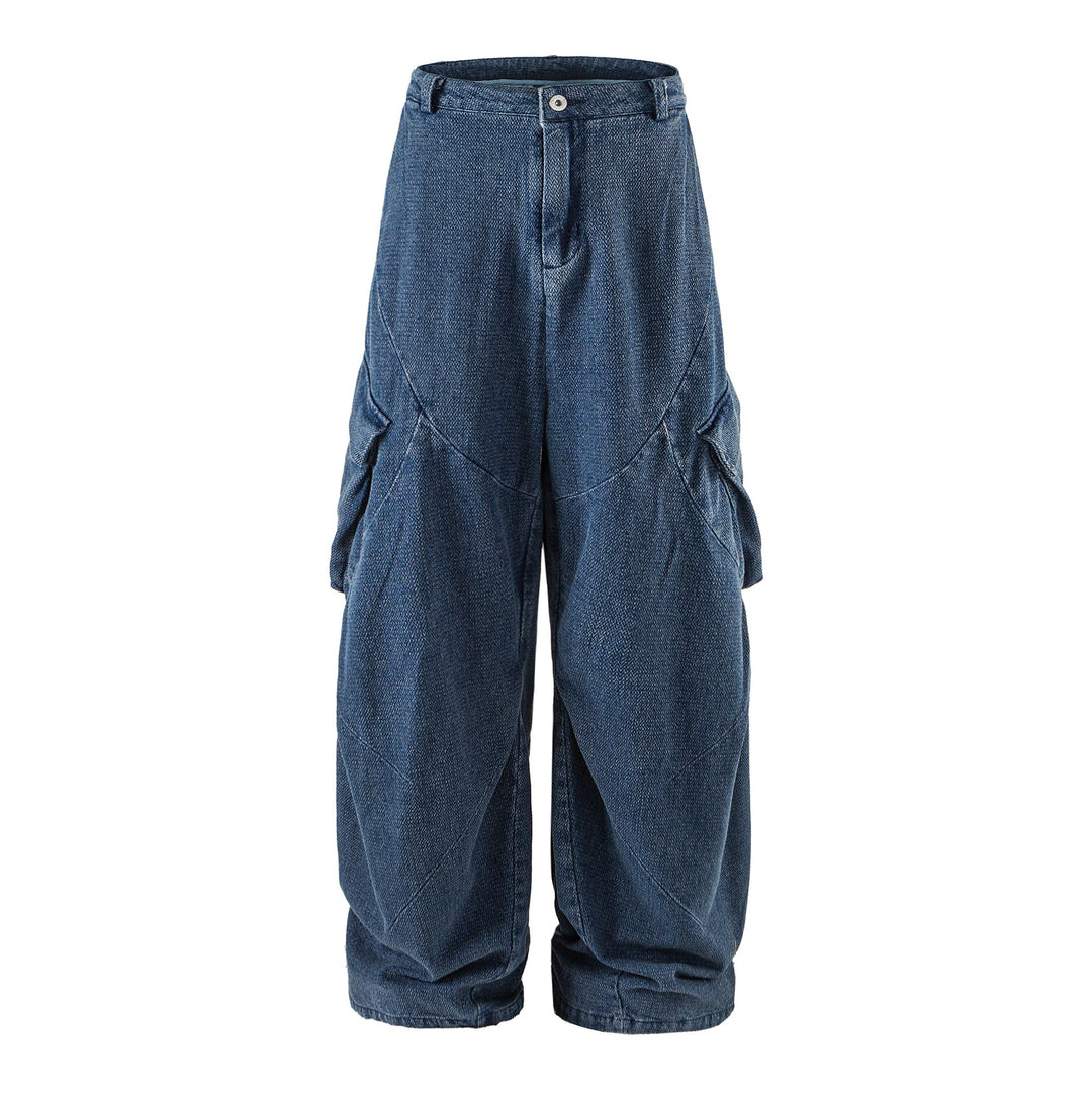 Women Wide Cargo Jeans Pants with High Waist, Distinctive Partial Seams and Decorative Pockets Mune Fashion