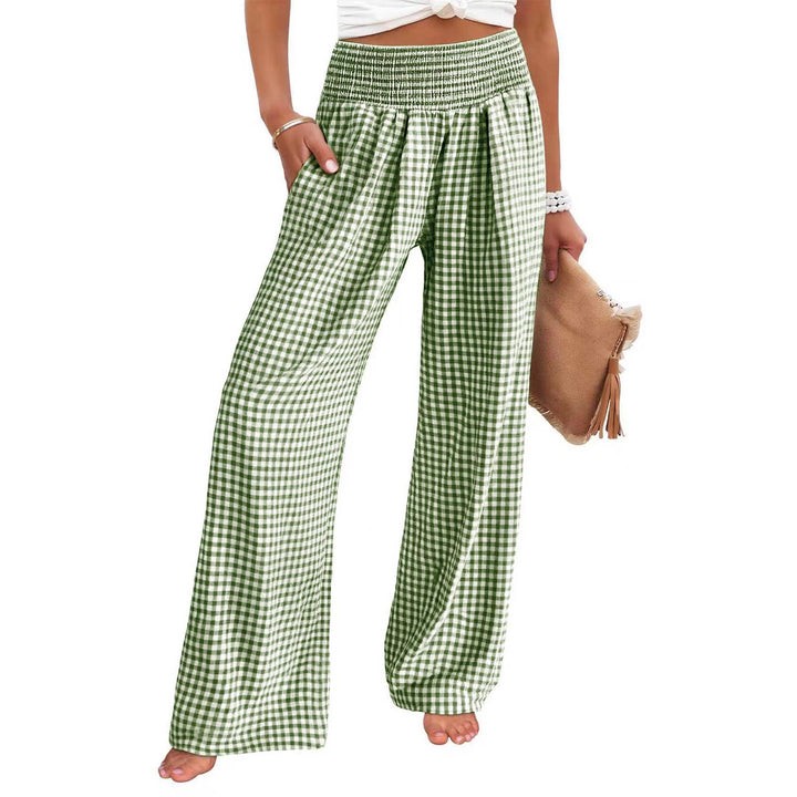 Women Lightweight Palazzo Pants with Smocking Waist, Wide Leg and Check Print Mune Fashion