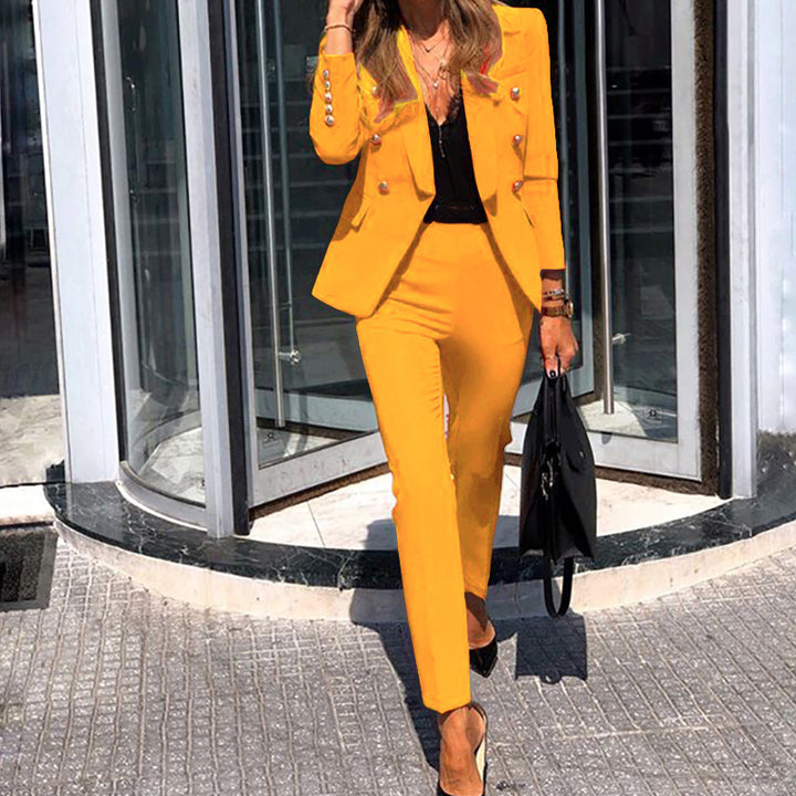 Women's tailored pantsuit with double-breasted button blazer and slim trousers Mune Fashion
