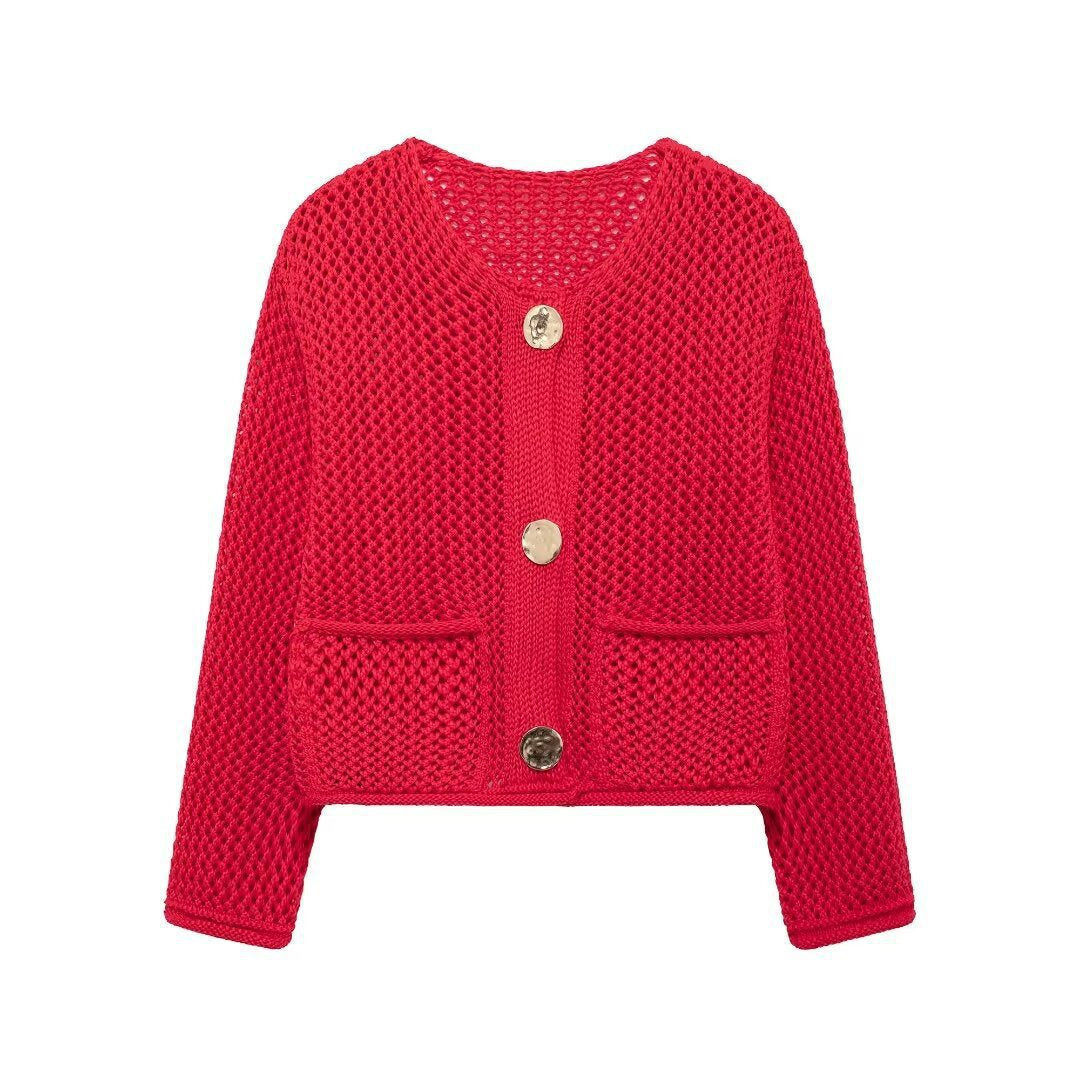Women's cardigan with open mesh structure, decorative buttons and patch pockets Mune Fashion