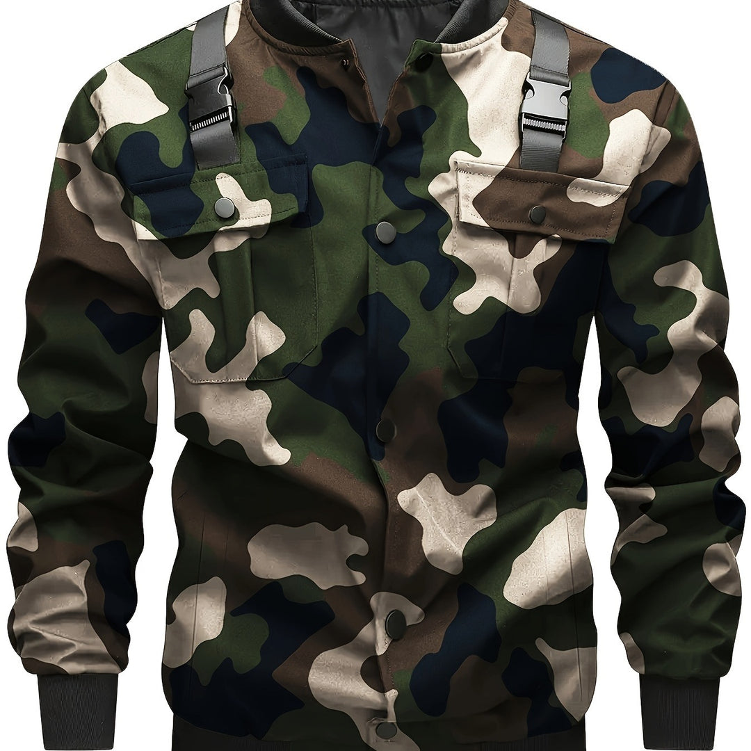 Men's Camouflage Utility-Style Bomber Jacket with Chest Pockets, Shoulder Straps, and Ribbed Cuffs Mune Fashion