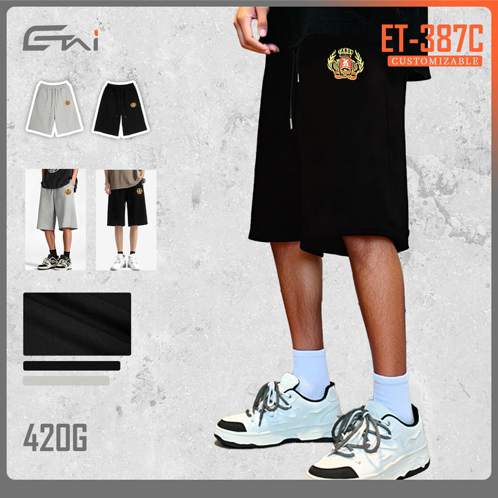 Men's Knee-Length French Terry Sweat Shorts with Drawstring and Embroidered Crest Mune Fashion
