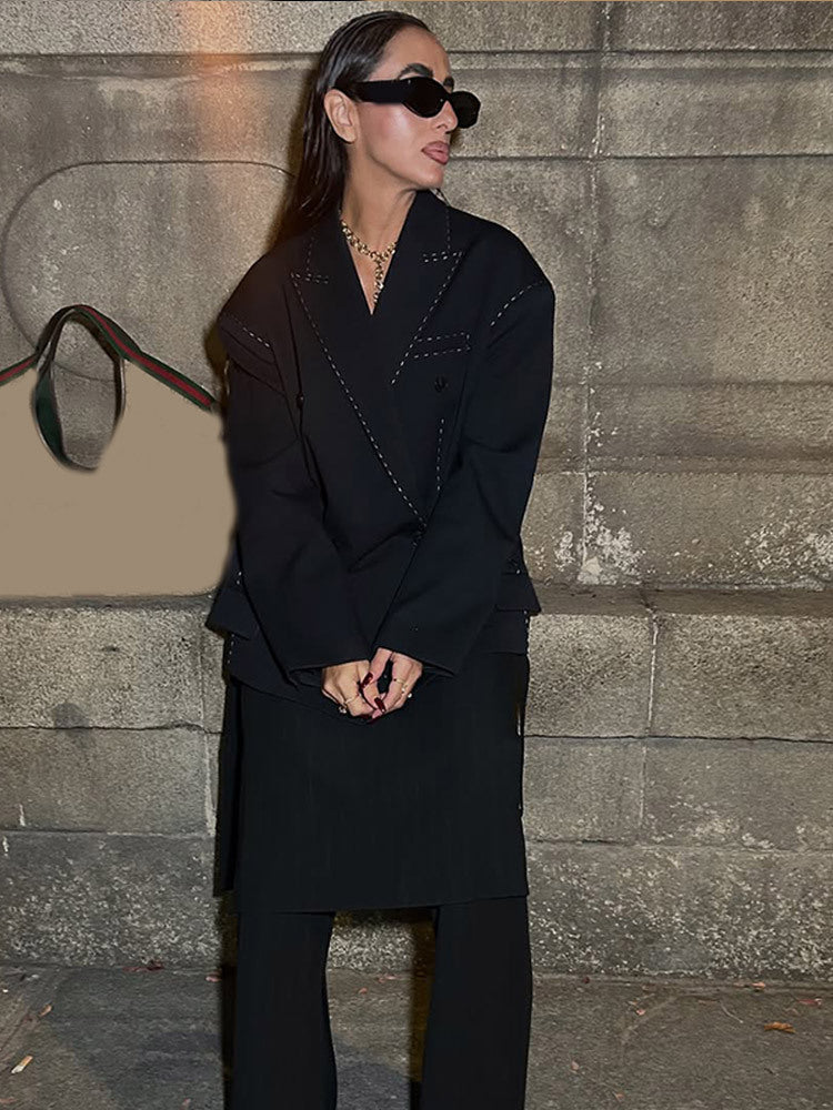 Women Oversized Two-Piece Boxy Blazer and Wide Pleated Trousers with Decorative Stitching Mune Fashion