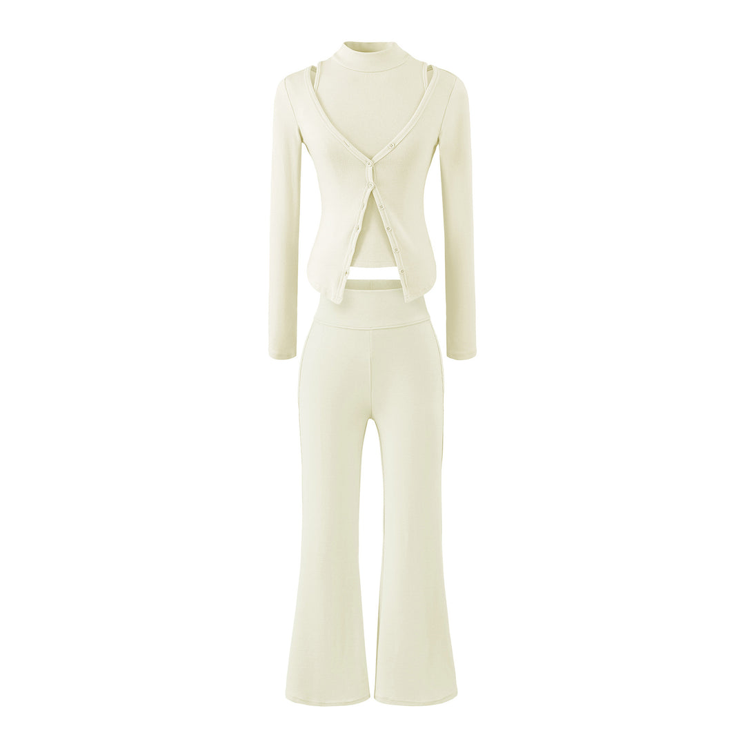 Women Figure-Hugging Layering Set with Turtleneck Long Sleeve and Asymmetrical Button Jacket and Flared High-Waist Pants Mune Fashion