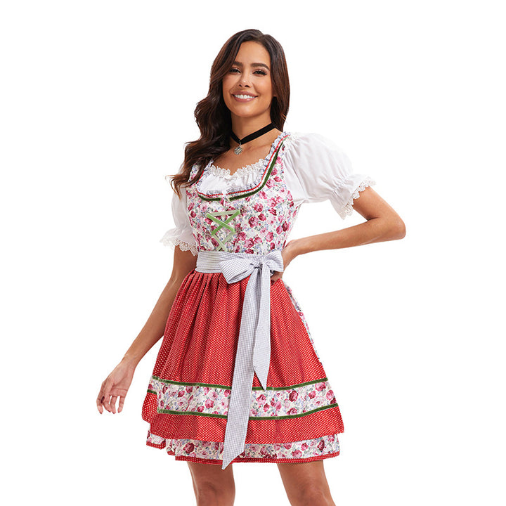 Women's traditional short dirndl dress with lace blouse, lacing and decorative apron Mune Fashion
