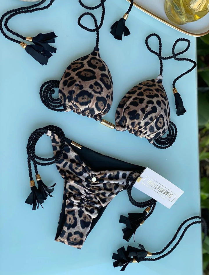Women Bikini Set with elegant leopard pattern and fashionable tassels Mune Fashion