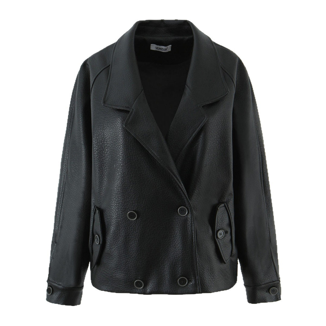 Women's Oversized Leather Look Coat with Textured Surface and Wide Lapels Mune Fashion