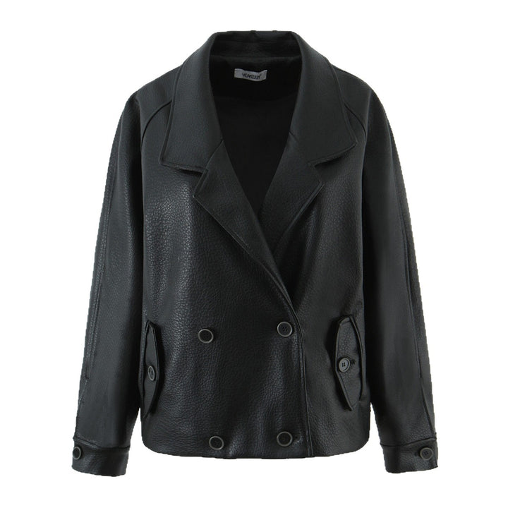 Women's Oversized Leather Look Coat with Textured Surface and Wide Lapels Mune Fashion