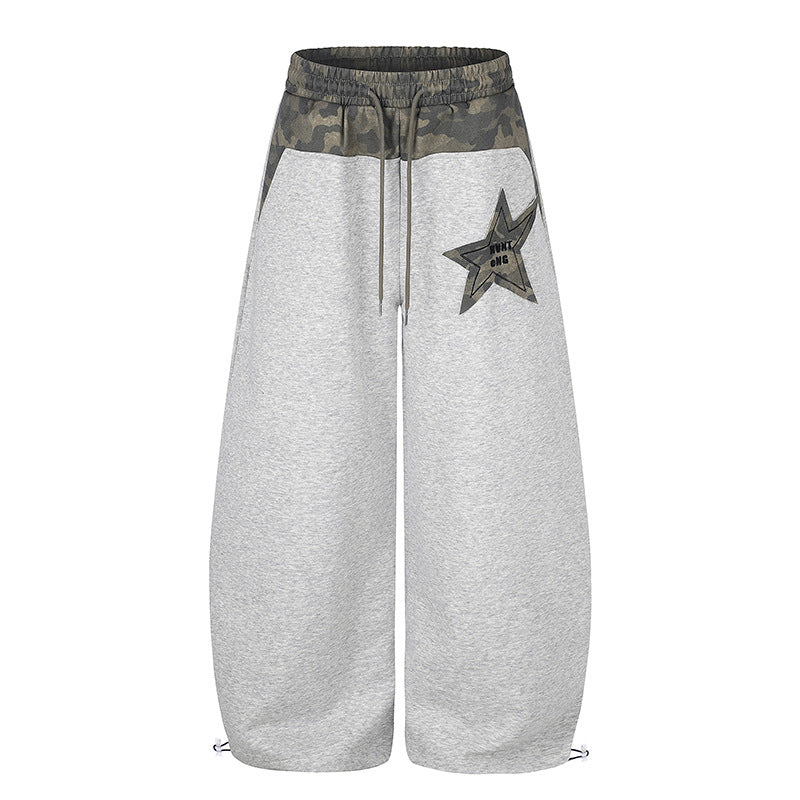 Women's Extra Wide Culotte Sweatpants with Camouflage Waistband and Star Patch Mune Fashion