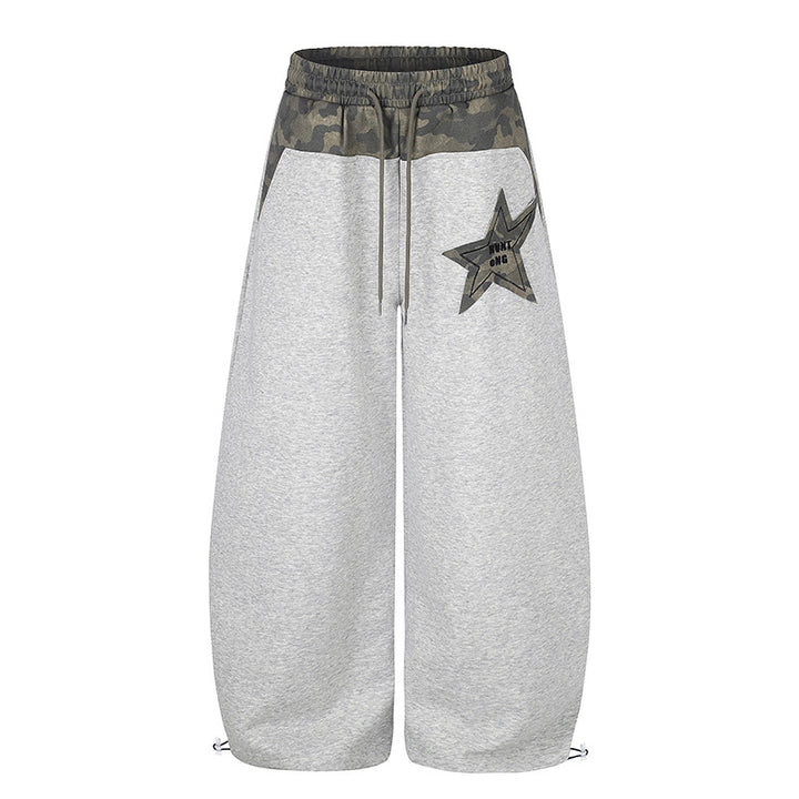 Women's Extra Wide Culotte Sweatpants with Camouflage Waistband and Star Patch Mune Fashion