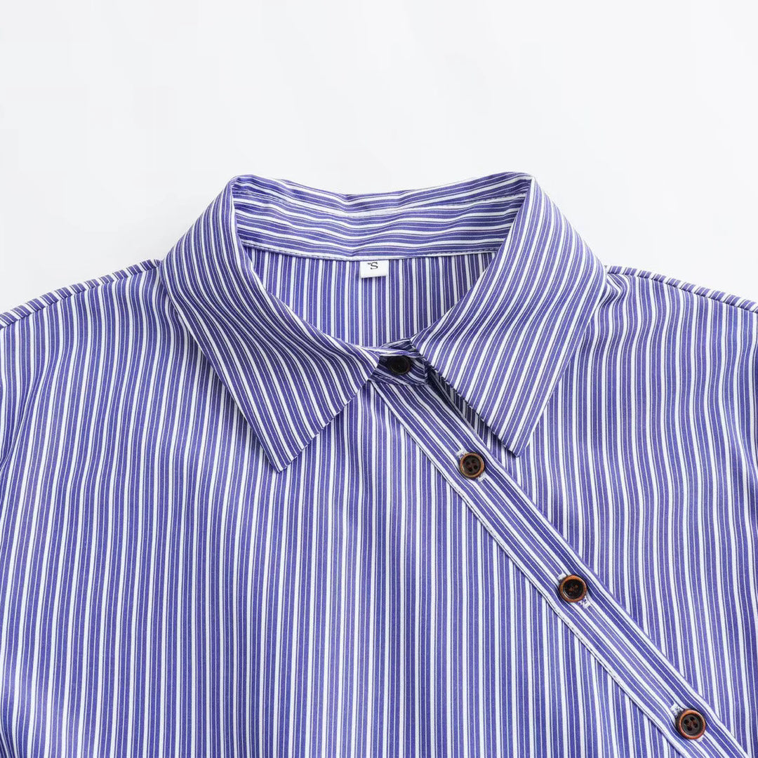Women's Oversize Striped Blouse with Diagonal Button Placket and Kent Collar Mune Fashion