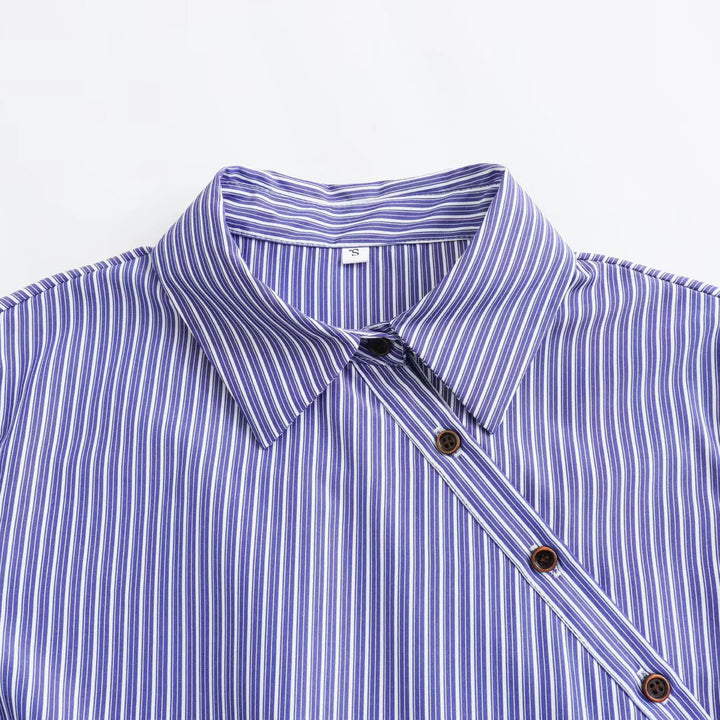 Women's Oversize Striped Blouse with Diagonal Button Placket and Kent Collar Mune Fashion
