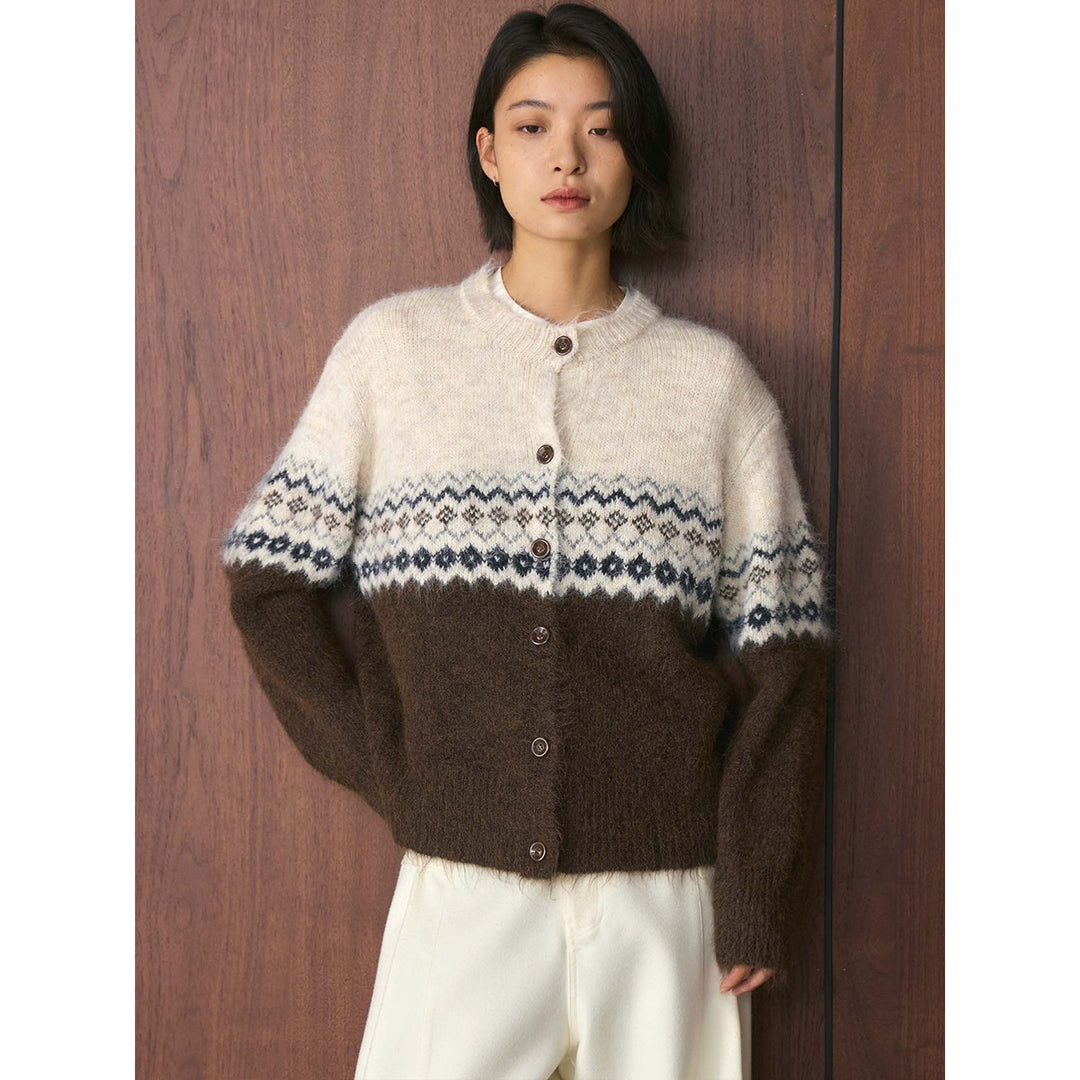 Women's Norwegian Pattern Mohair Look Cardigan with Button Placket and Round Neckline Mune Fashion