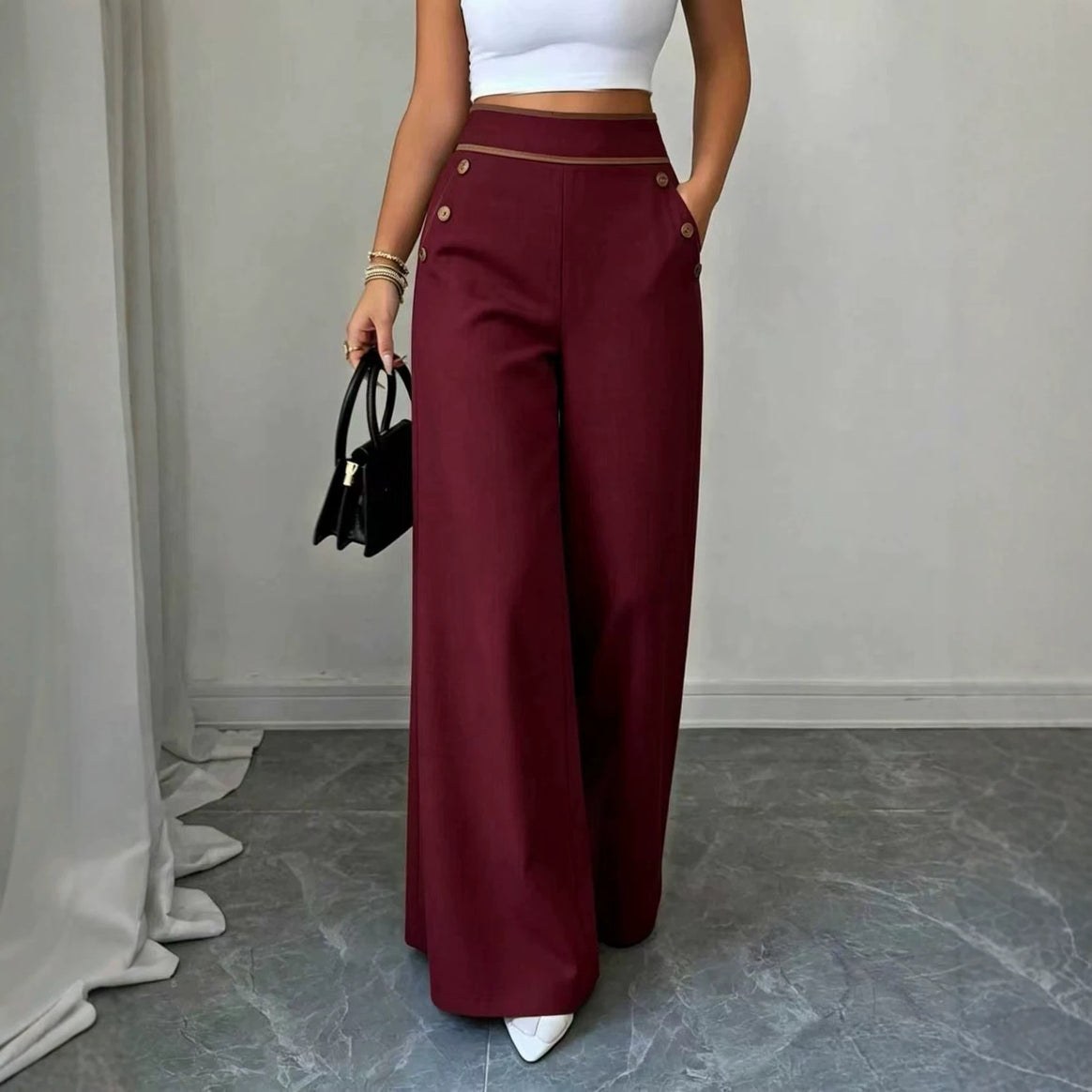 Women's High-Waisted Palazzo Pants with Decorative Buttons and Wide Legs Mune Fashion