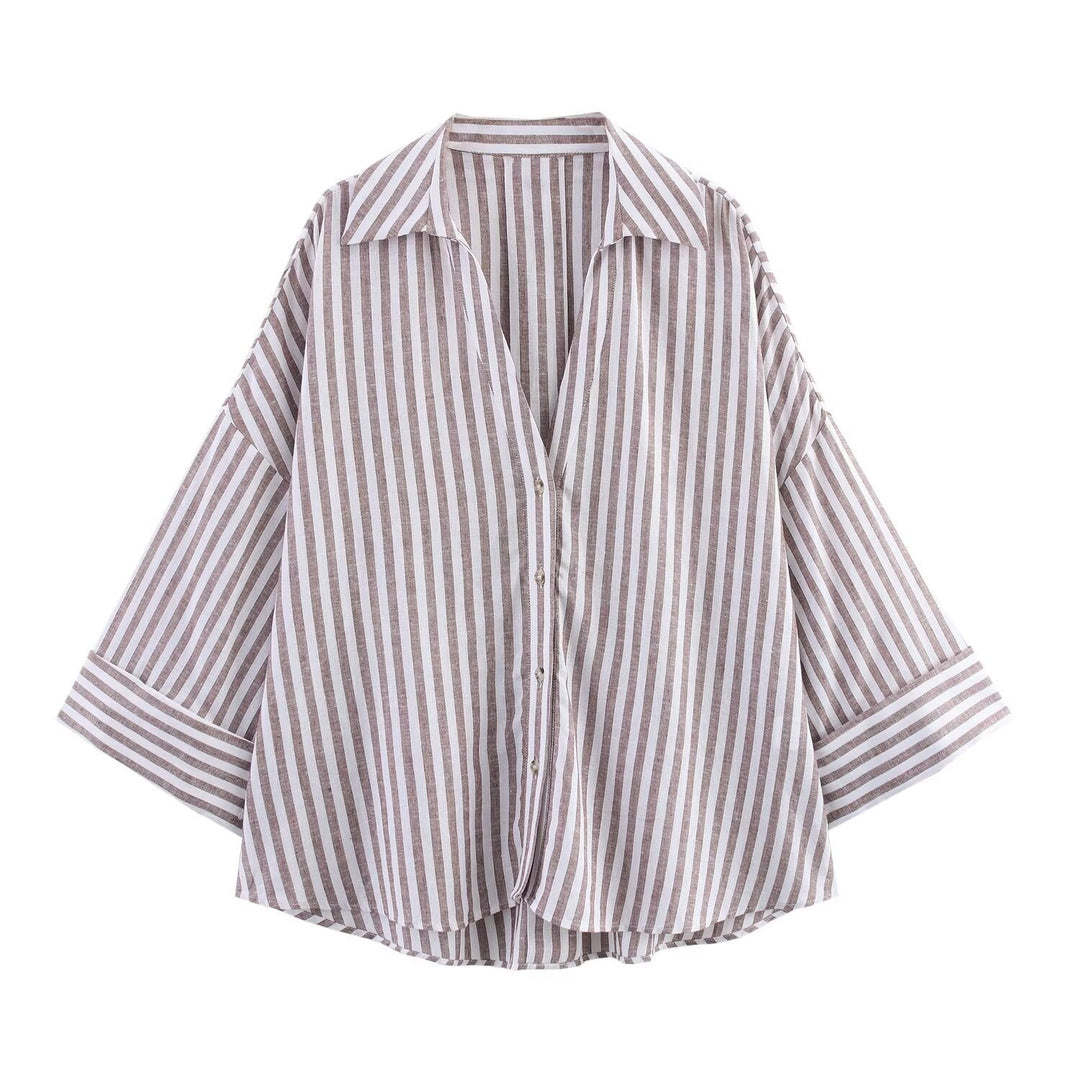 Women Oversize Shirt Blouse with Vertical Stripe Pattern and Extended Back Mune Fashion